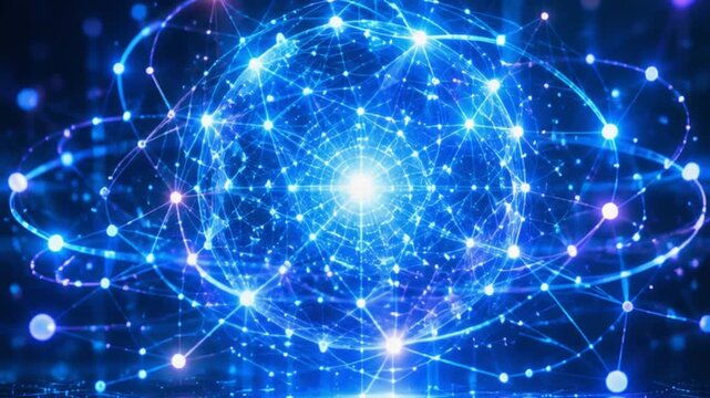 Glowing Blue Cyan Data Particles Gathering and Forming Digital Network Sphere, Technology Background