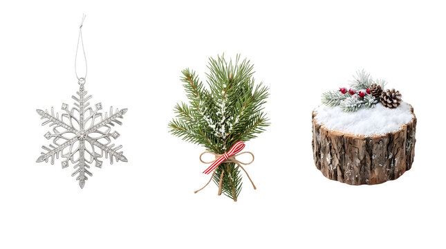 Christmas decorations including a silver snowflake ornament, a pine branch bundle, and a snowy wood log isolated on transparent background
