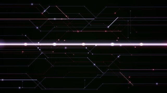 A glowing purple energy beam travels horizontally across a dark background filled with complex circuit patterns.