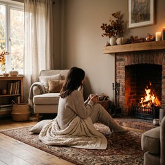 Obraz premium A woman wearing a cozy sweater sits by a warm fireplace. Concept autumn clothing, home comfort, seasonal fashion, cozy lifestyle, perfect for lifestyle and fashion promotions. Generative AI