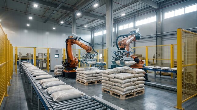 automated robotic arms picking and palletizing bags of products on conveyor belts in a modern smart factory.