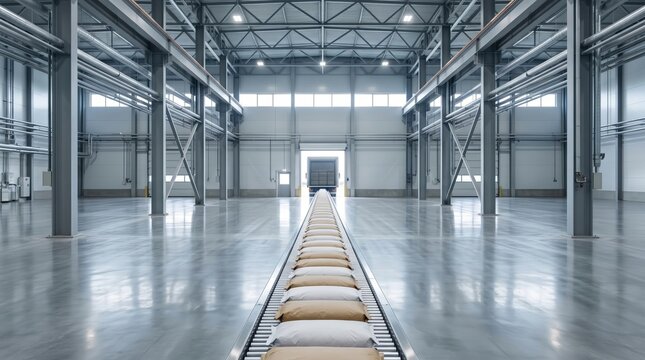 a large empty industrial warehouse facility with a conveyor belt of packages leading to a loading dock.