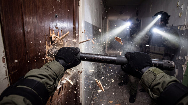 SWAT team breaching wooden door with battering ram during tactical nighttime raid