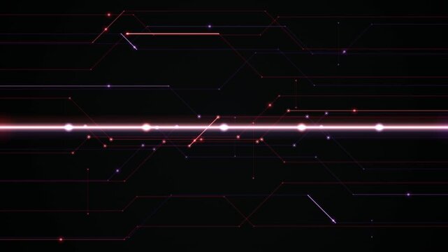 A continuous beam of white light travels horizontally across a dark background filled with faint purple grid lines.
