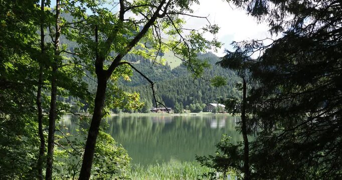 Lake Spitzingsee in Bavaria - A path circles the lake and winds through a dense forest, offering views of the tourist resort's facilities