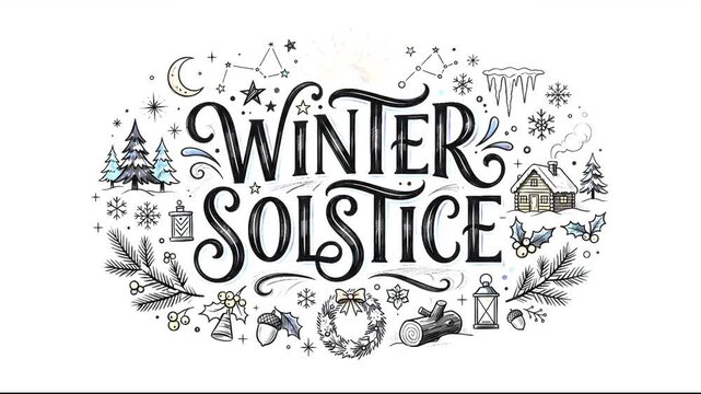 Winter Solstice lettering banner with hand drawn cozy cabin snowflakes and winter season doodles

