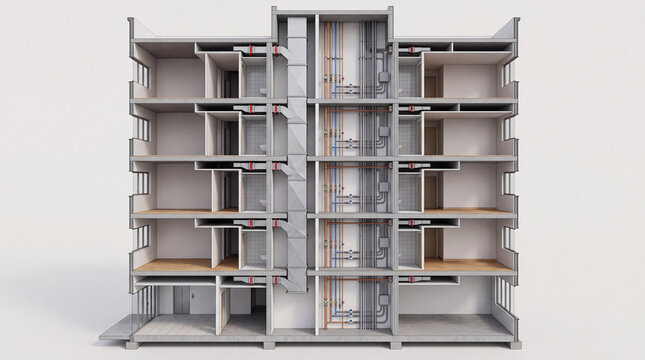 Multi-story building cross-section showing hvac, plumbing and structural systems architectural cutaway render