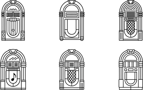Vintage Jukebox Line Icon Set Vector Illustration for Retro Music and Entertainment Design