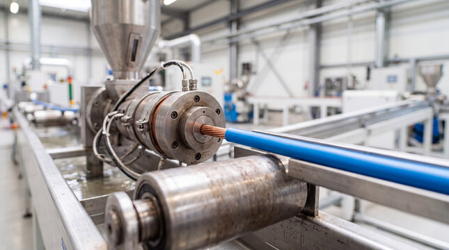 Industrial cable extrusion machine producing blue insulated electrical wire with copper conductor in factory