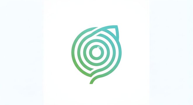 Modern minimalist eco-friendly abstract spiral design resembling a leaf and eye shape with green gradient colors on a clean white background.