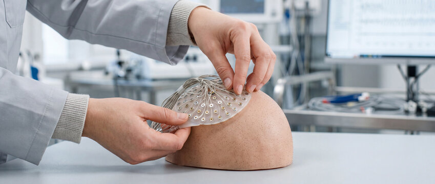 Technician fitting eeg electrode cap on mannequin head in neuroscience research laboratory