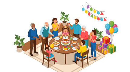 Fototapeta premium Isometric Birthday Party Celebration with Family