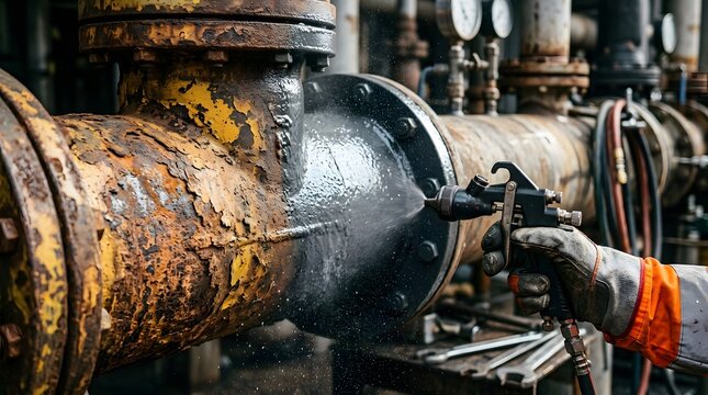 Industrial worker applying anti-corrosion spray coating to a rusted metal pipe in a factory