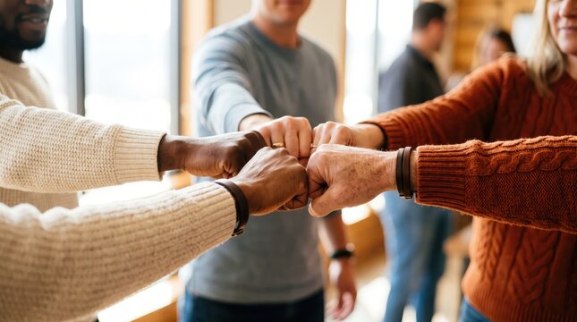 Group of diverse professionals showing unity and teamwork by joining their fists in the office
