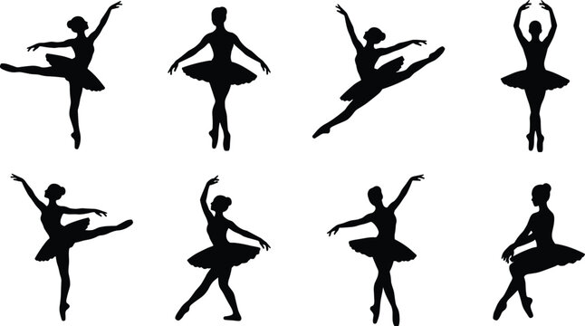 Ballerina Silhouette Set Featuring Classical Ballet Dancers Dancing Isolated on White Background