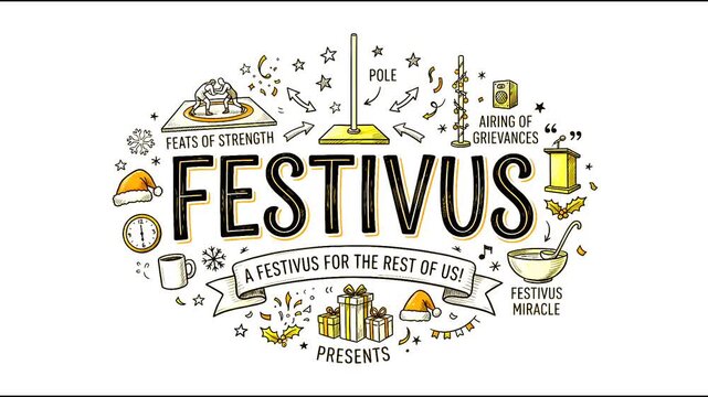 Festivus lettering banner with hand drawn aluminum pole feats of strength and pop culture holiday doodles
