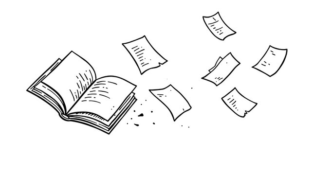Hand drawn open book with floating loose pages isolated on transparent background PNG element