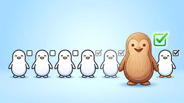Cartoon penguins illustrating task completion with checkmarks in line