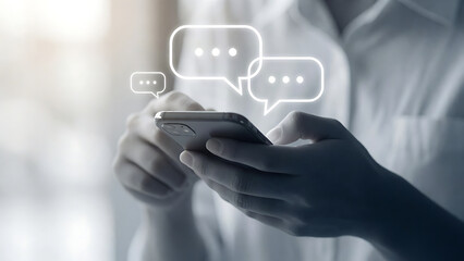 Obraz premium Person using smartphone with glowing chat bubbles for social media messaging