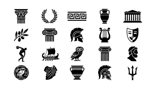 Ancient Greek culture icons featuring pillars helmets statues vases and mythological symbols in black flat vector