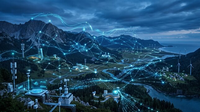 Futuristic Smart City Network Connecting Mountains Coastline and Wind Turbines with Digital Data Streams