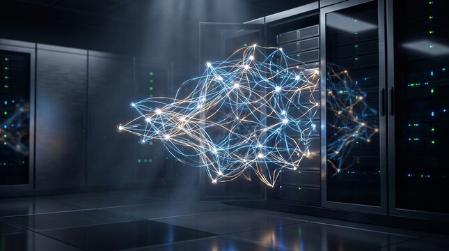 Abstract neural network visualization glowing in a modern data center with server racks and blue and orange lights