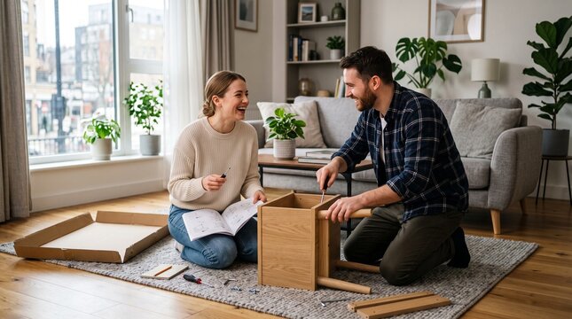 Happy couple assembling flat pack furniture together in a bright modern living room with plants