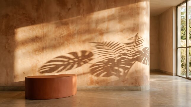 Modern interior with fern shadow projection on textured wall near round bench and large window