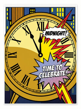 1960s New Year's Eve poster showing a clock striking midnight  