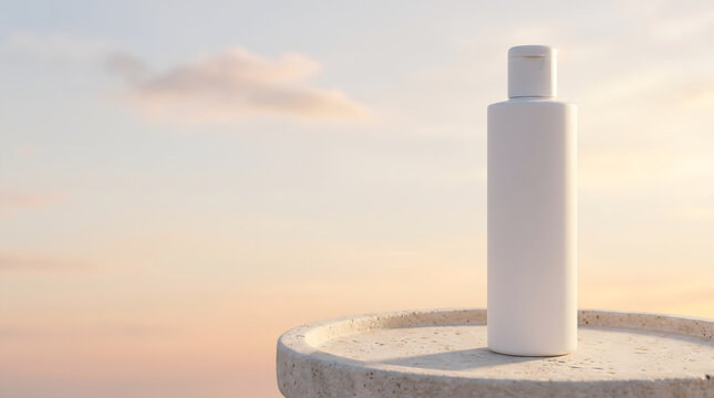 Blank White Cosmetic Bottle on Travertine Pedestal Against Sunset Sky