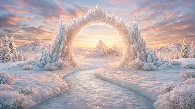 Magical frozen archway leading to a mystical mountain valley under a pastel sky