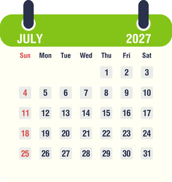 July 2027 monthly calendar icon, flat style vector illustration