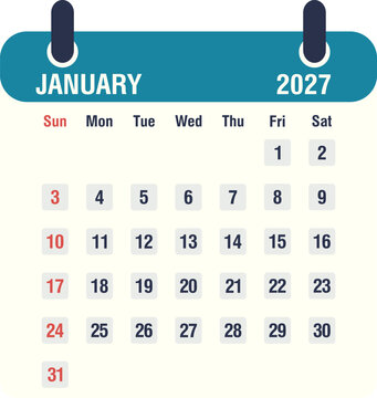 January 2027 monthly calendar icon, flat style vector illustration