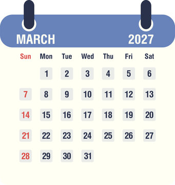 March 2027 monthly calendar icon, flat style vector illustration