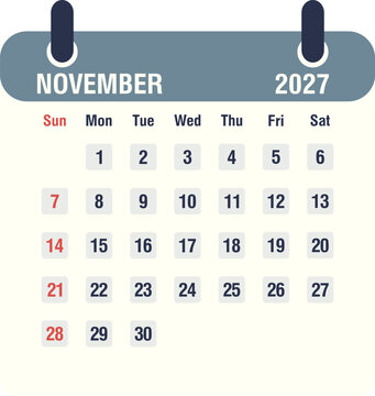 November 2027 monthly calendar icon, flat style vector illustration