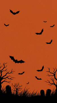Halloween graveyard silhouette background, spooky bats flying over cemetery, orange vertical banner with tombstones and dead trees