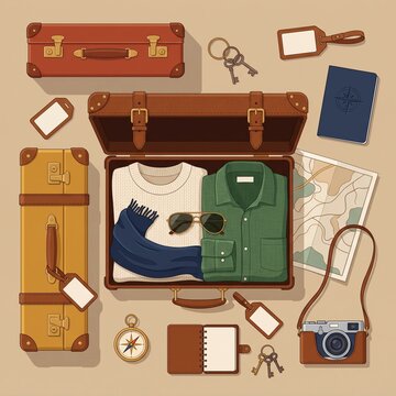 Vintage Travel Packing Vector Flat Lay with Open Suitcase Clothes Vintage Camera and Travel Accessories
