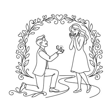 Romantic man kneeling while proposing marriage to surprised woman under beautiful floral arch in line art