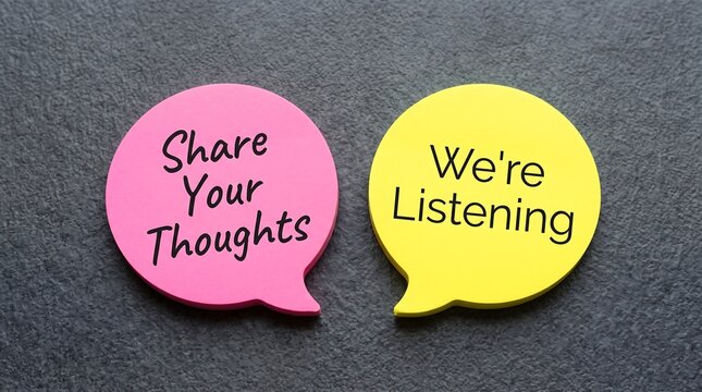 Customer feedback speech bubbles with Share Your Thoughts and We Are Listening text, pink and yellow dialogue icons for business communication
