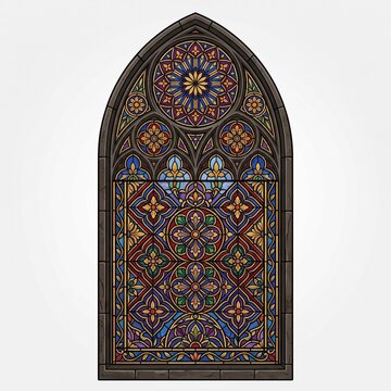Gothic Stained Glass Window Vector Illustration with Rose Window Pattern and Church Architecture
