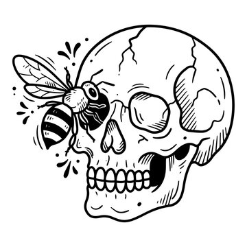 Bee Emerging from a Skull Eye Black and White Vector