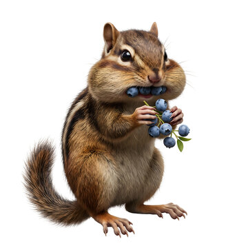 Cute chipmunk holding and eating fresh blueberries with chubby cheeks isolated on transparent background PNG
