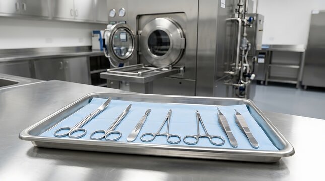 Surgical instruments on a sterile tray in a hospital sterilization room