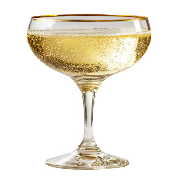 Crystal champagne coupe with golden bubbly drink isolated on white background, concept of celebration and elegance