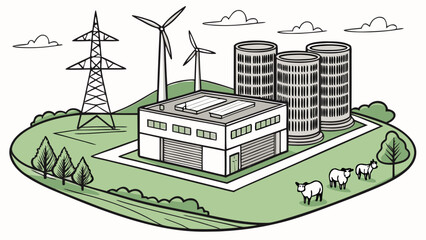 Fototapeta premium Modern industrial plant with storage silos and wind turbines in nature
