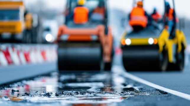 Road construction with workers and steamroller in motion. The scene shows an ongoing infrastructure project, highlighting the industrial and development aspects of road building.