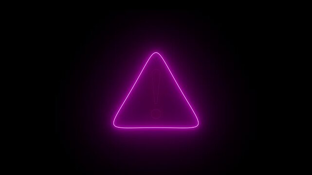 Glowing neon pink color warning icon animation on black background 4k video animation