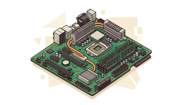 Motherboard isometric vector illustration featuring computer hardware and electronic components