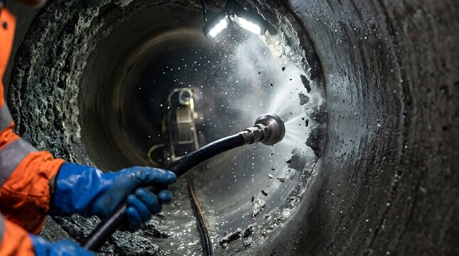 Worker using high pressure water jet to clean inside a concrete drainage pipe