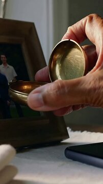 Vertical video: Reaching hand lifting, rotating, opening brass box at home, inspecting near phone